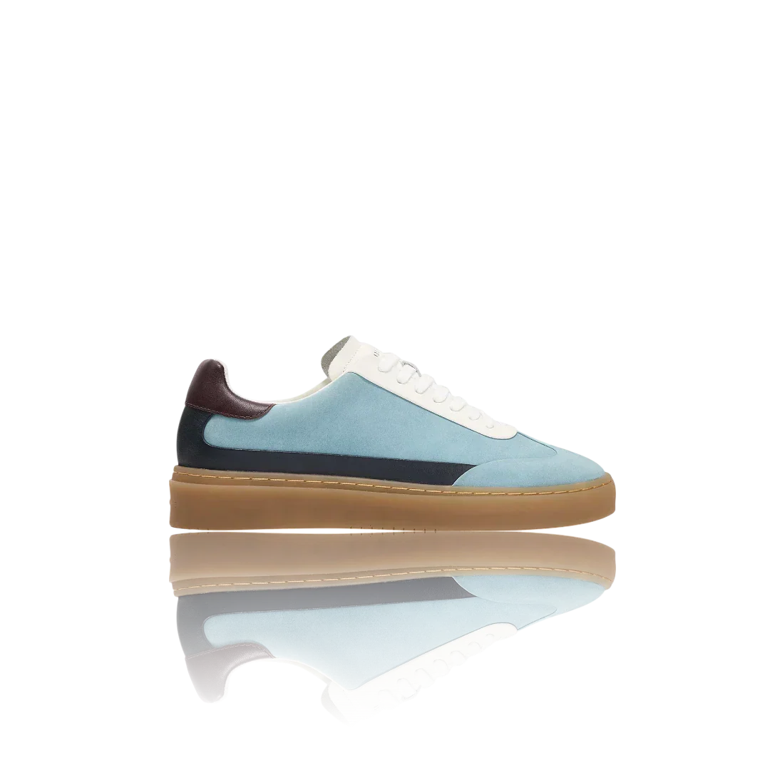 Pale Blue Burgundy White Leather-Trimmed Suede Sneakers