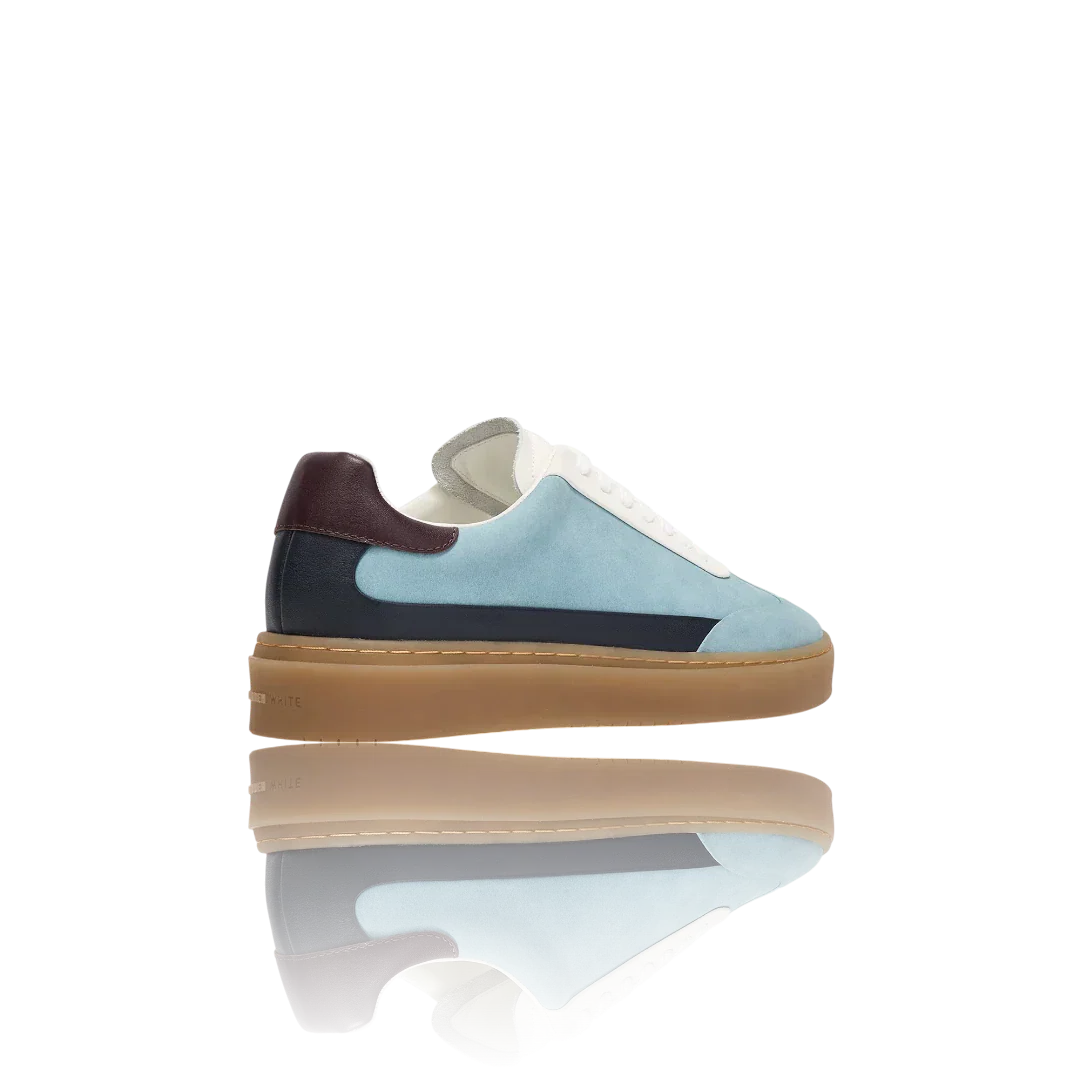 Pale Blue Burgundy White Leather-Trimmed Suede Sneakers