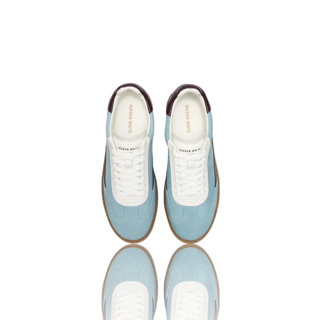 Pale Blue Burgundy White Leather-Trimmed Suede Sneakers